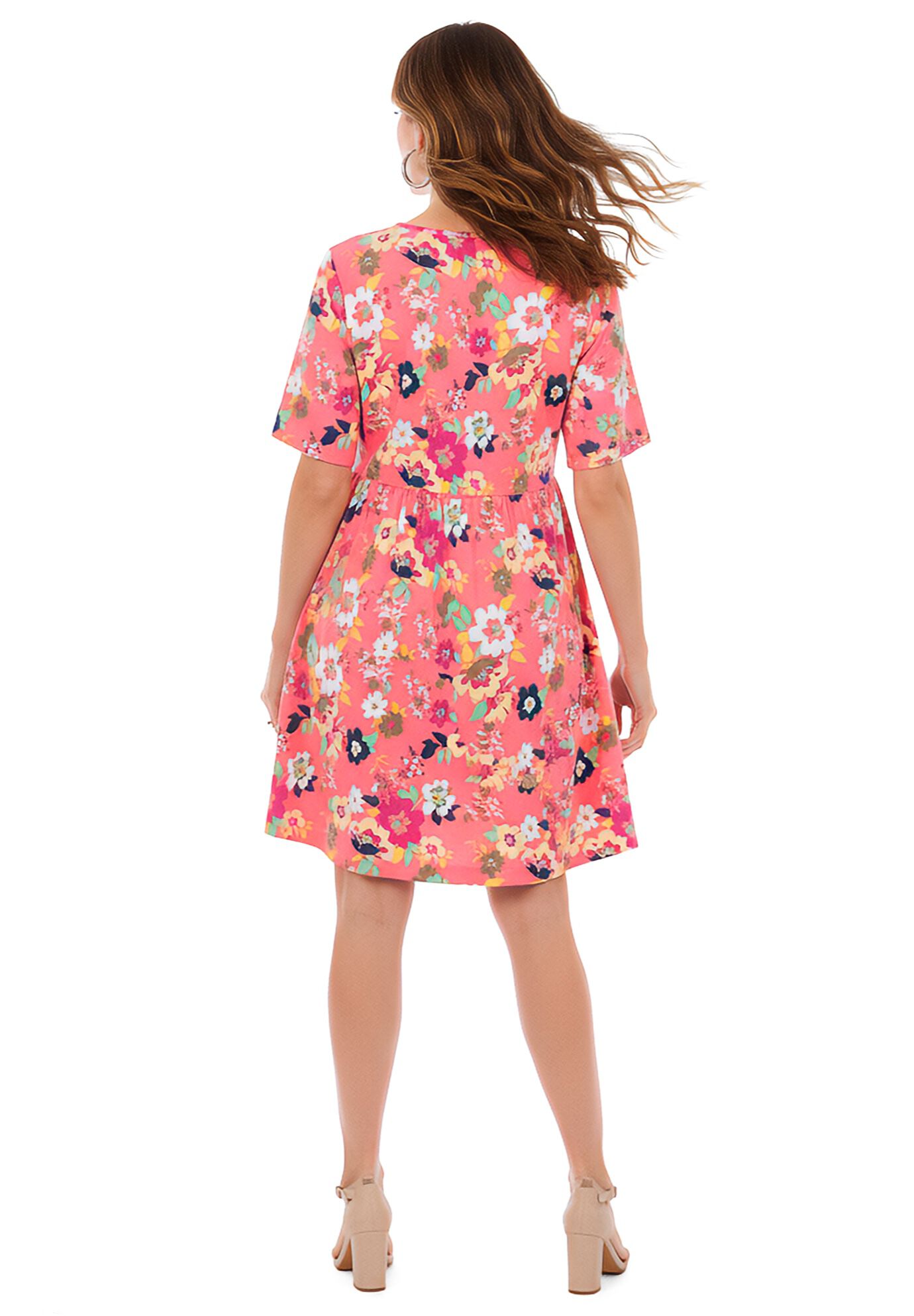 Button-Front Short Essential Dress, SWEET CORAL MULTI GARDEN, on-hover image number 1