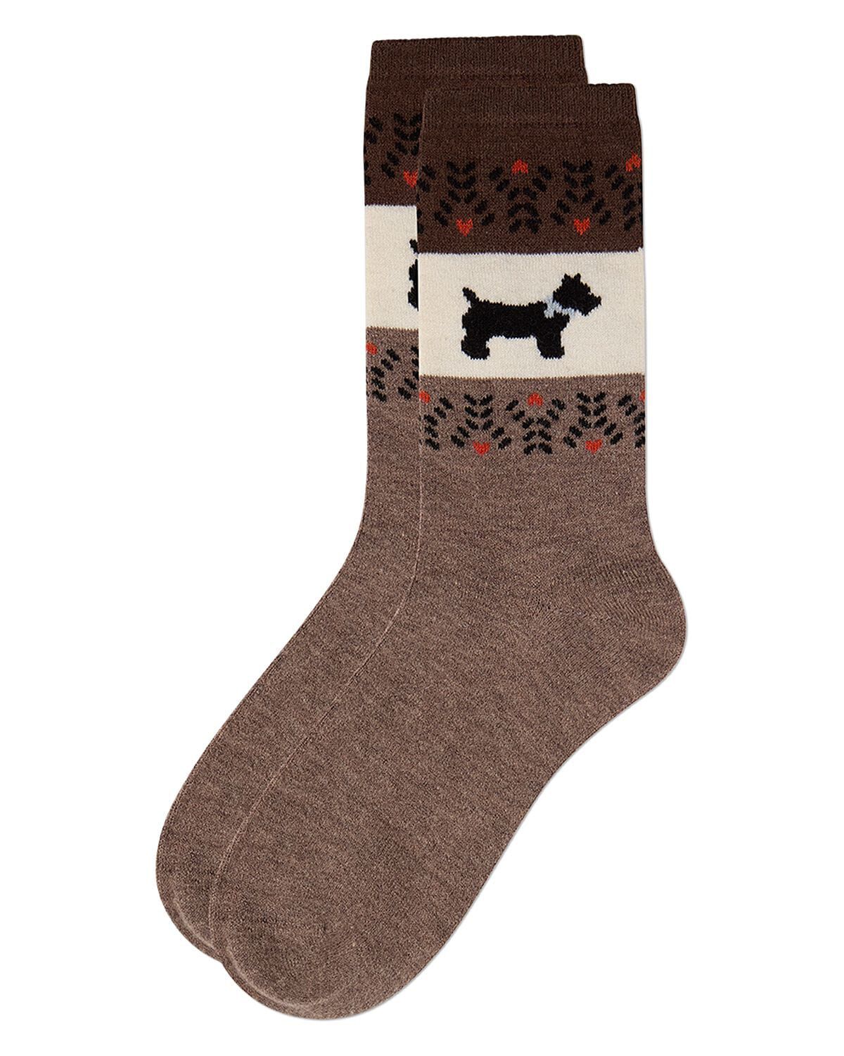 Women's Scottie-Theme Fairisle-Patterned Cashmere-Blend Crew Socks, HEMP HEATHER, alternate image number 2