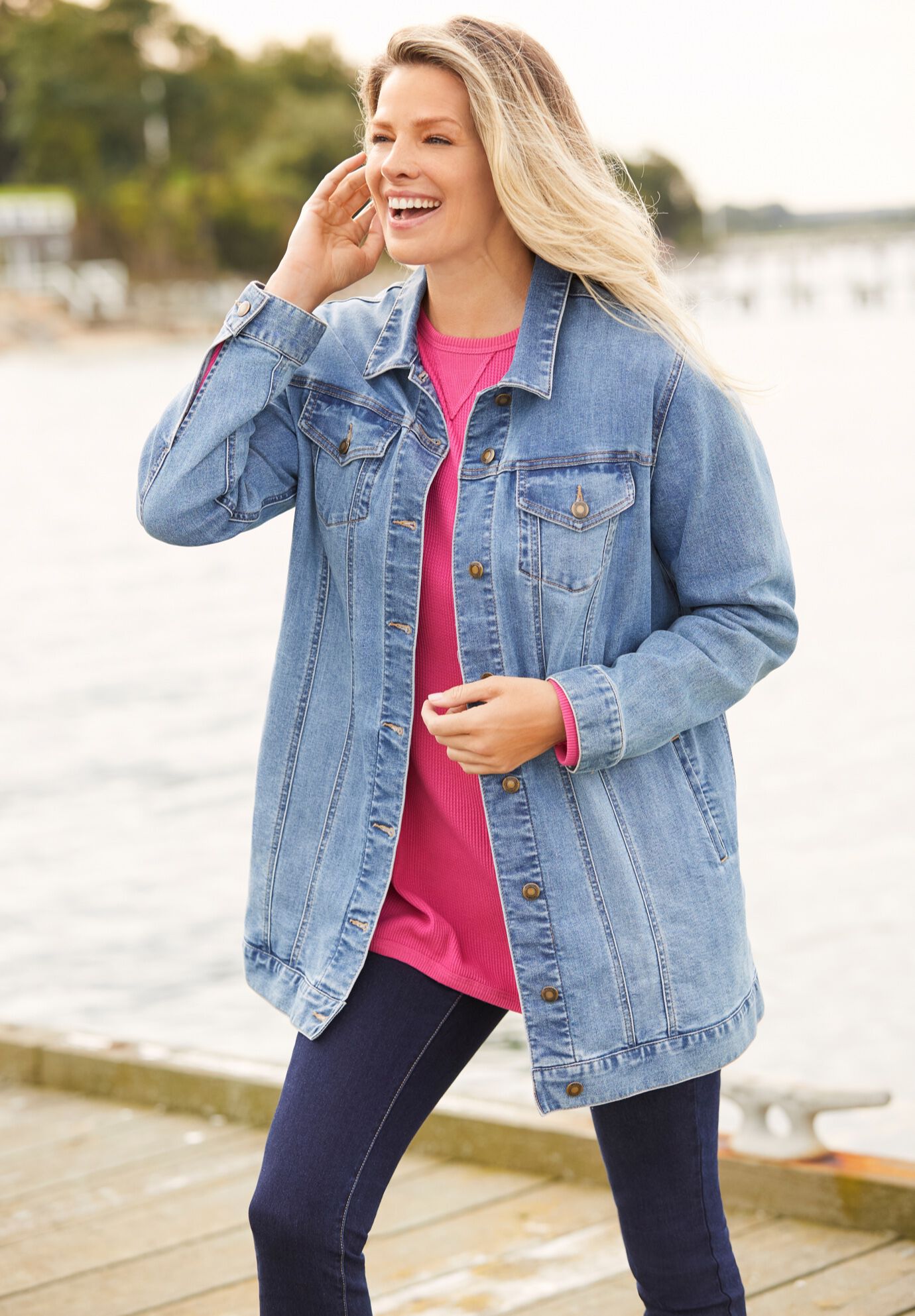 Long Stretch Denim Jacket with Side Adjusters Light Stonewash Sanded Woman Within