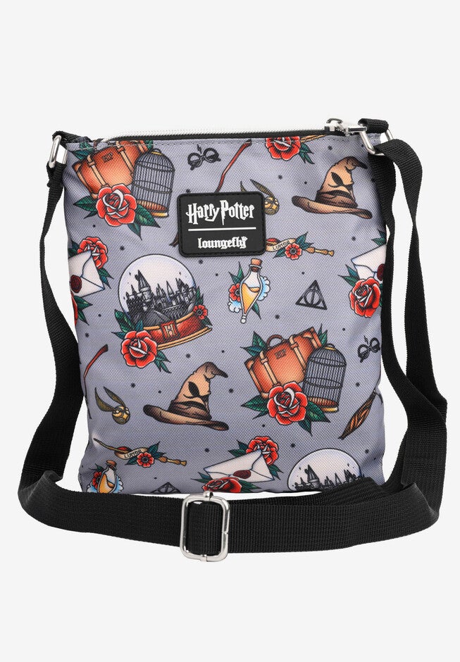 Loungefly X Harry Potter Crossbody Travel Bag Nylon Tattoo All Over Print Crossbody Bag, , on-hover image number null