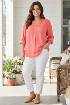 Rayon Three-Quarter Sleeve Effortless Tab-front Blouse