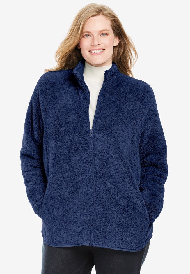 Fluffy Fleece Jacket for Chilly Evenings, Evening Blue Woman Within