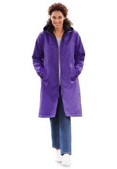 Mid-Length Fleece-Lined Raincoat with Zip-Off Hood