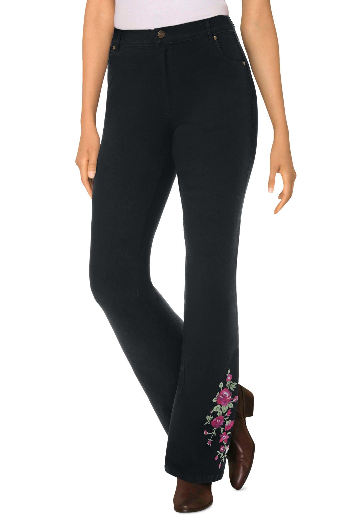 Stretch Denim Five-Pocket Bootcut Jeans, BLACK BLOOM EMBROIDERY, hi-res image number 0