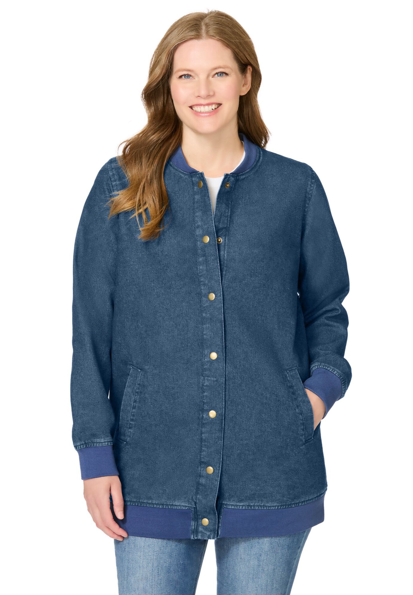 Denim Baseball Jacket, MEDIUM STONEWASH, on-hover image number 1