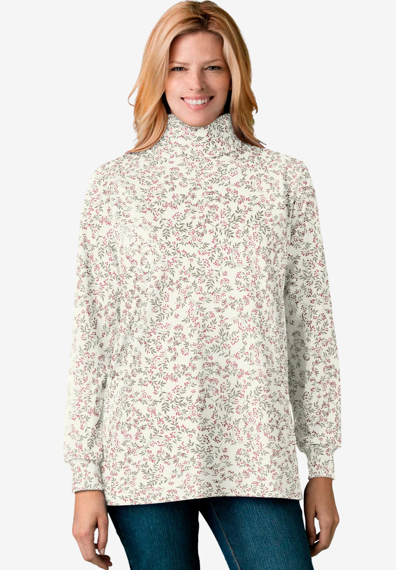 Woman Within Women s Plus Size Perfect Printed Long Sleeve Turtleneck Tee M Black Mistletoe