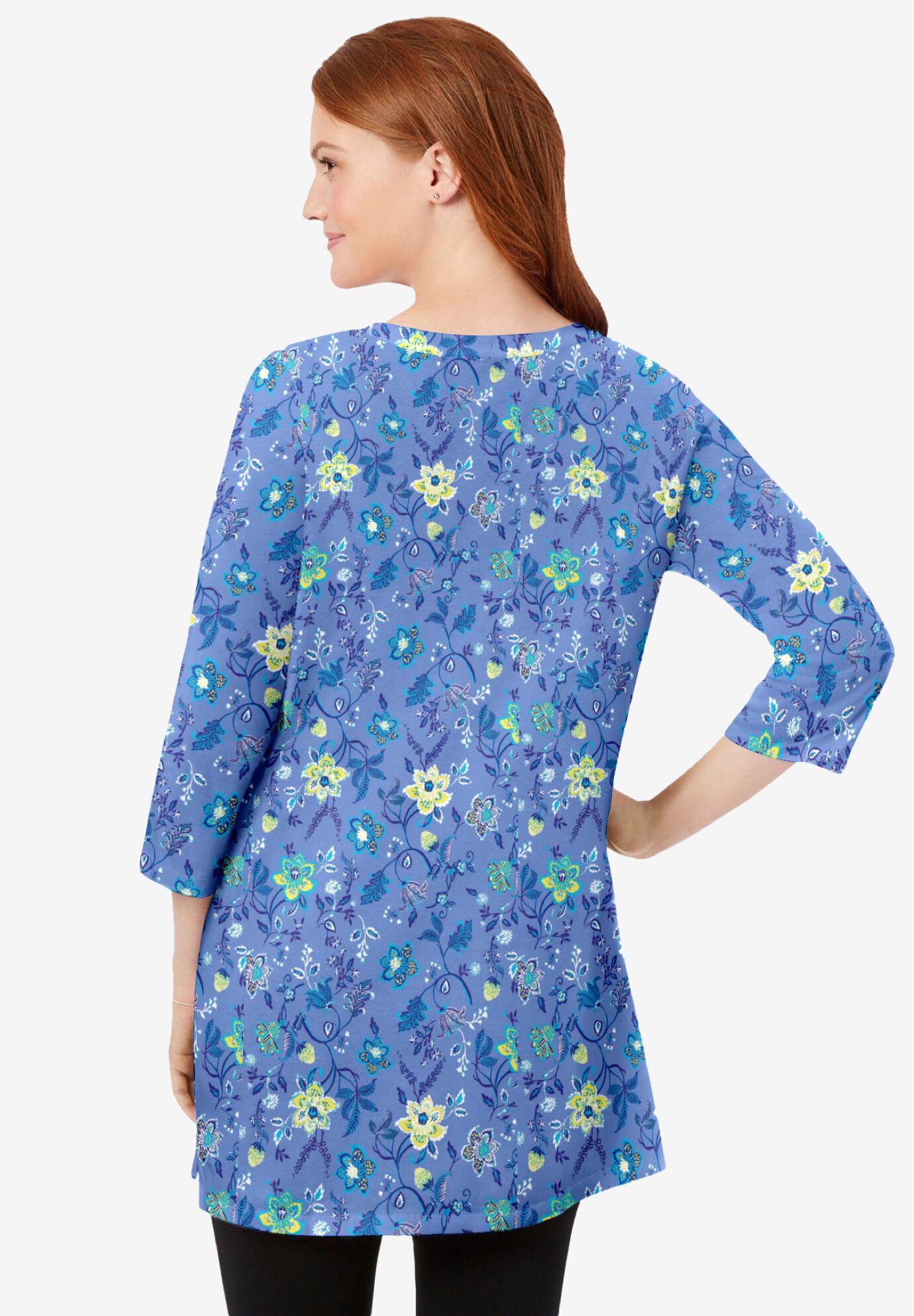 Perfect Printed Three-Quarter-Sleeve Scoopneck Tunic, FRENCH BLUE JACQUARD FLORAL, on-hover image number 1