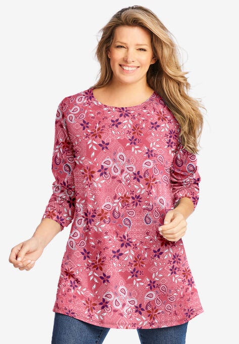 Perfect Printed Long-Sleeve Crewneck Tunic, ROSE PINK PATCHWORK, hi-res image number null