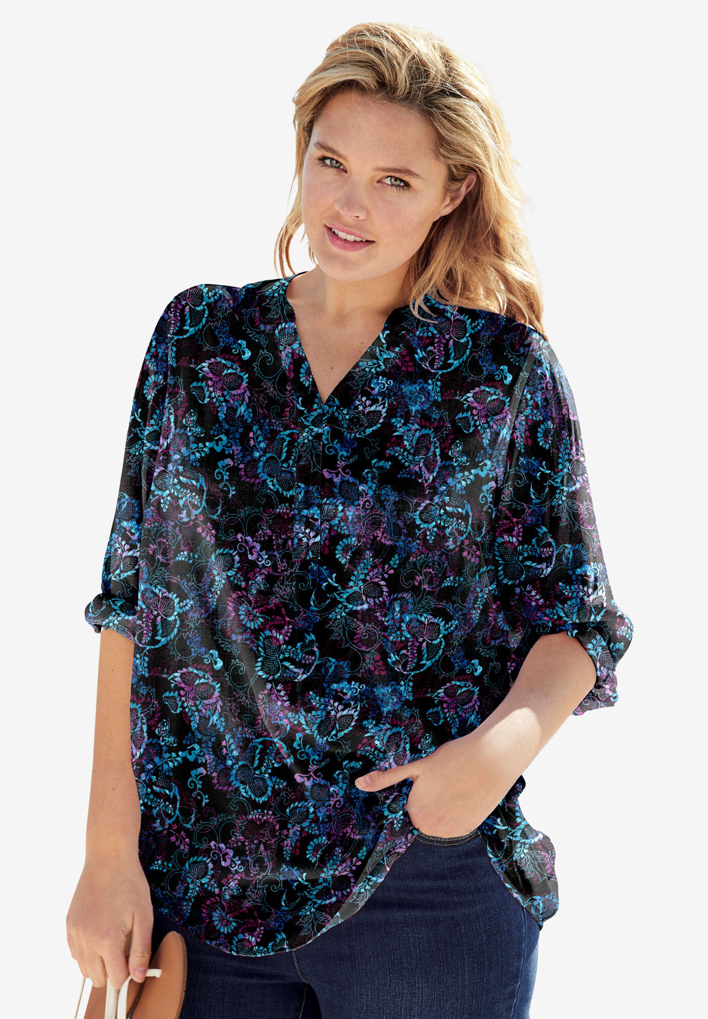 Three-Quarter Sleeve Tab-Front Tunic | Woman Within