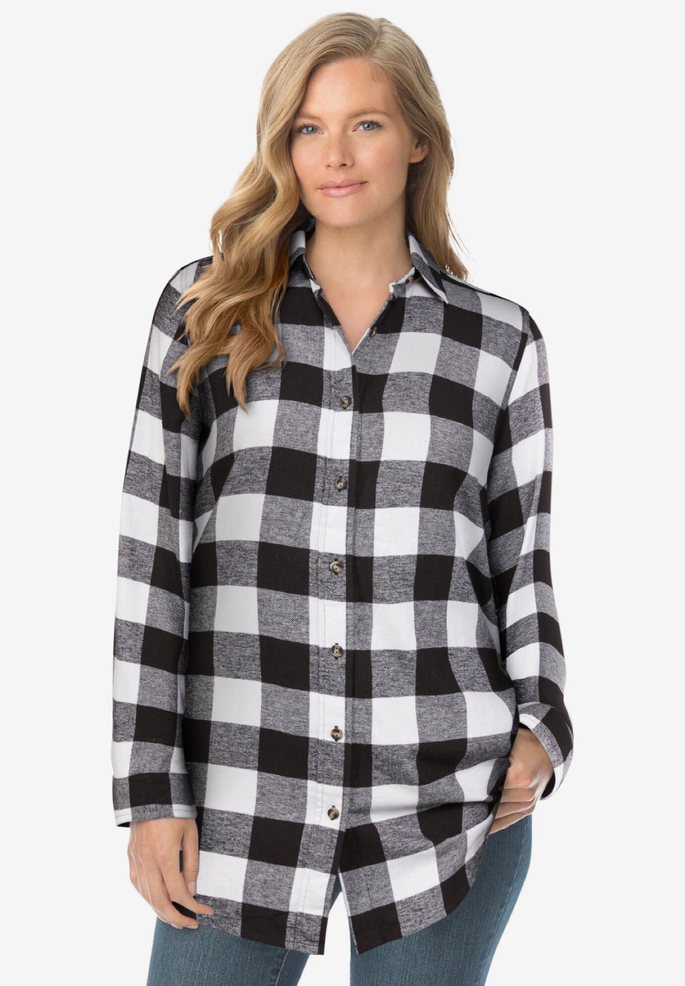 Woman within flannel shirts