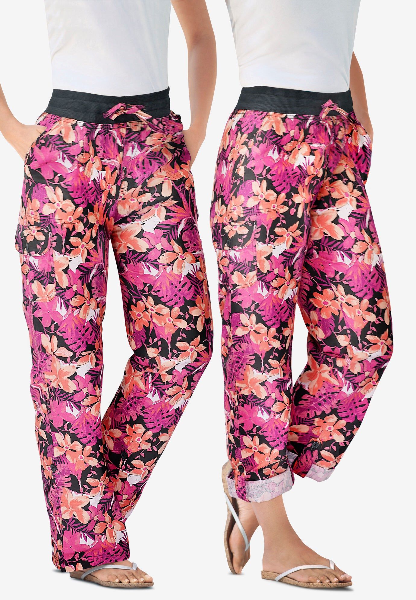 2 in 1 Convertible Cargo Pant to Capri, BLACK CORAL HIBISCUS, hi-res image number 0
