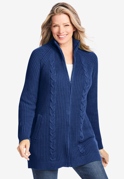 Cabled Zip-Front Cardigan, EVENING BLUE, hi-res image number null
