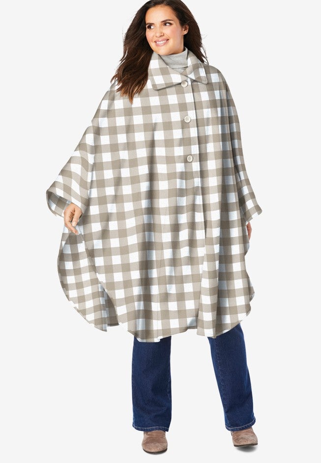 Cape Buttons Button-Front Fleece Cape - Cozy Layer, New Khaki Buffalo Plaid | Woman ...