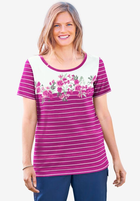 Floral Crewneck Tee, RASPBERRY FLORAL STRIPE, hi-res image number null