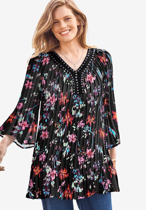 Embellished Pleated Blouse, BLACK GRAPHIC FLORAL, hi-res image number null
