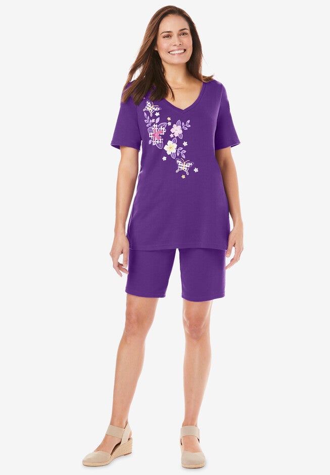 2-Piece V-Neck Tee & Short Set, PURPLE ORCHID FLOWER GARDEN, hi-res image number null