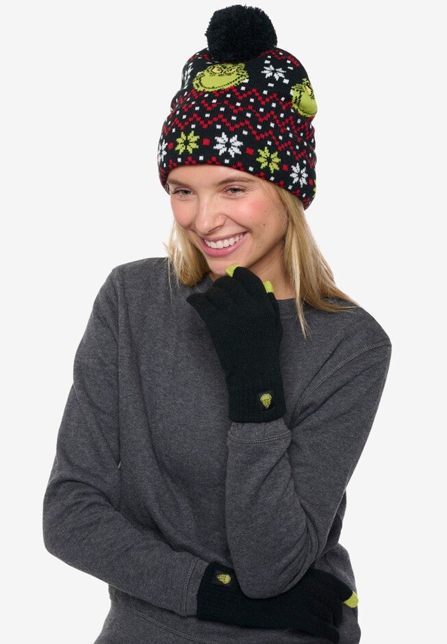 Women's Dr Seuss Grinch Knit Beanie Hat & Touch Screen Gloves Christmas, BLACK, alternate image number 6