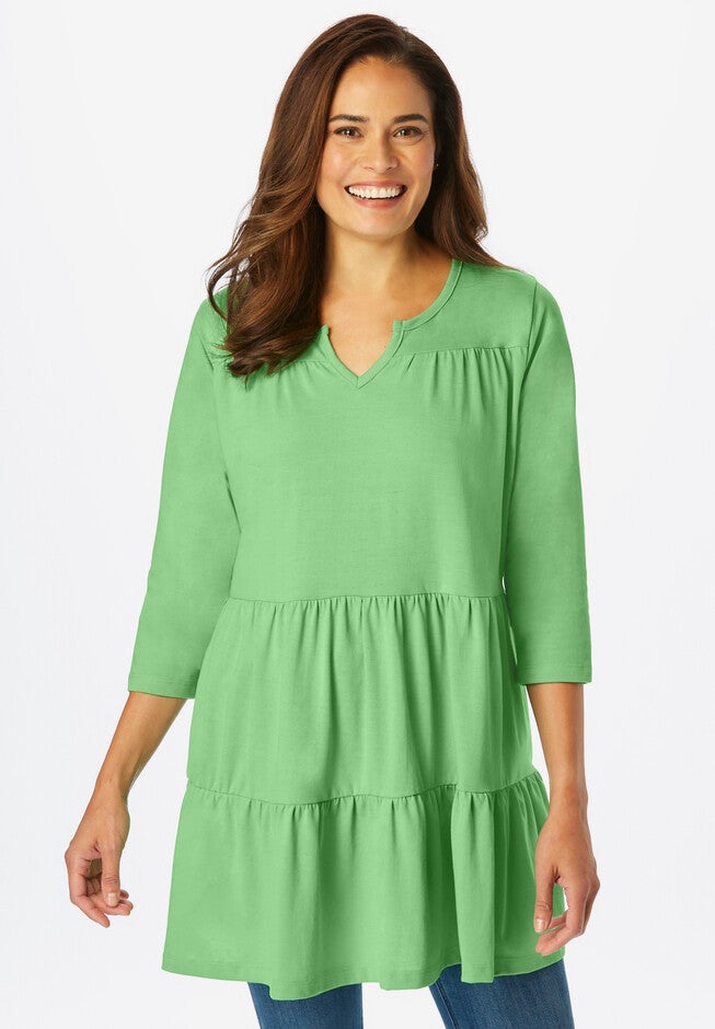 Three-Quarter Sleeve Tiered Tunic, PISTACHIO, hi-res image number null