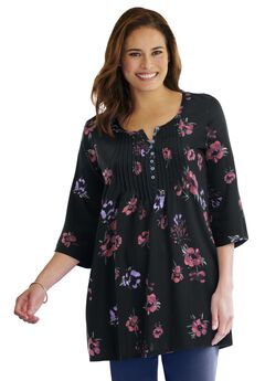 7-Day Three-Quarter Sleeve Pintucked Henley Tunic