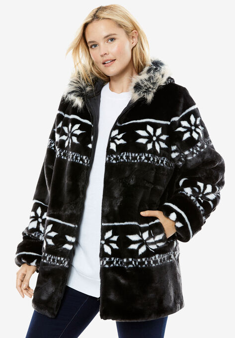 Faux Fur Snowflake Print Hooded Jacket, BLACK SNOWFLAKE FAIR ISLE, hi-res image number null