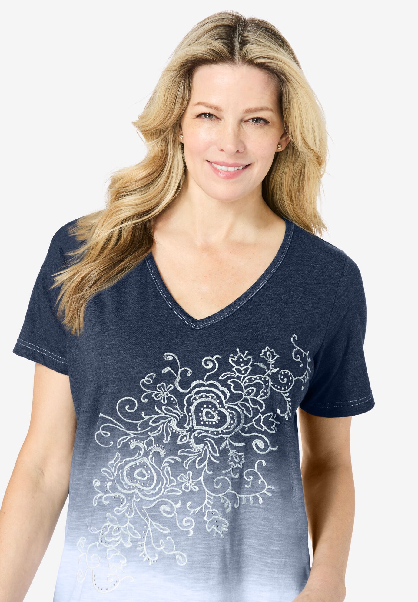 Short-Sleeve V-Neck Embroidered Dip Dye Tunic, NAVY OMBRE, alternate image number 3