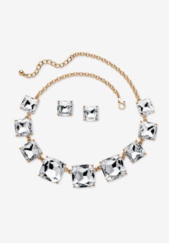 Gold Tone Necklace and Earring Set, Princess Cut Simulated Birthstones
