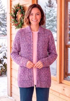 Marled Zip-Front Cable Knit Cardigan Sweater