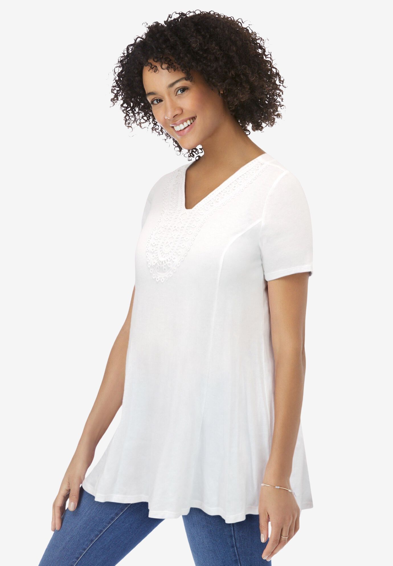 Rounded V-Neck Crochet Tunic, WHITE, alternate image number 2