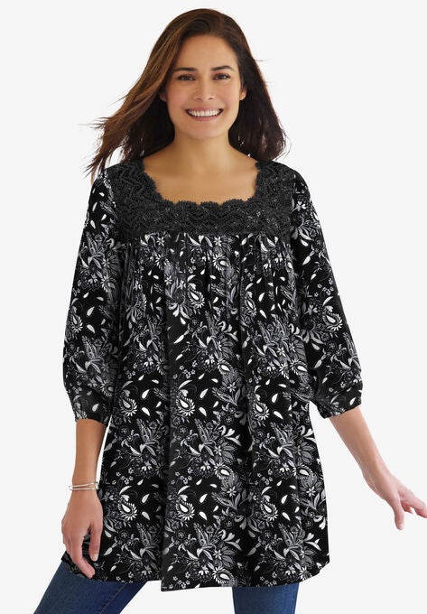 Lace Trim Three-Quarter Sleeve Tunic., BLACK PETAL PAISLEY, hi-res image number null