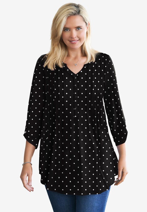 Pleated Henley Top, BLACK POLKA DOT, hi-res image number null
