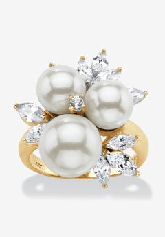 Yellow Gold over Sterling Silver Pearl and Cubic Zirconia Ring