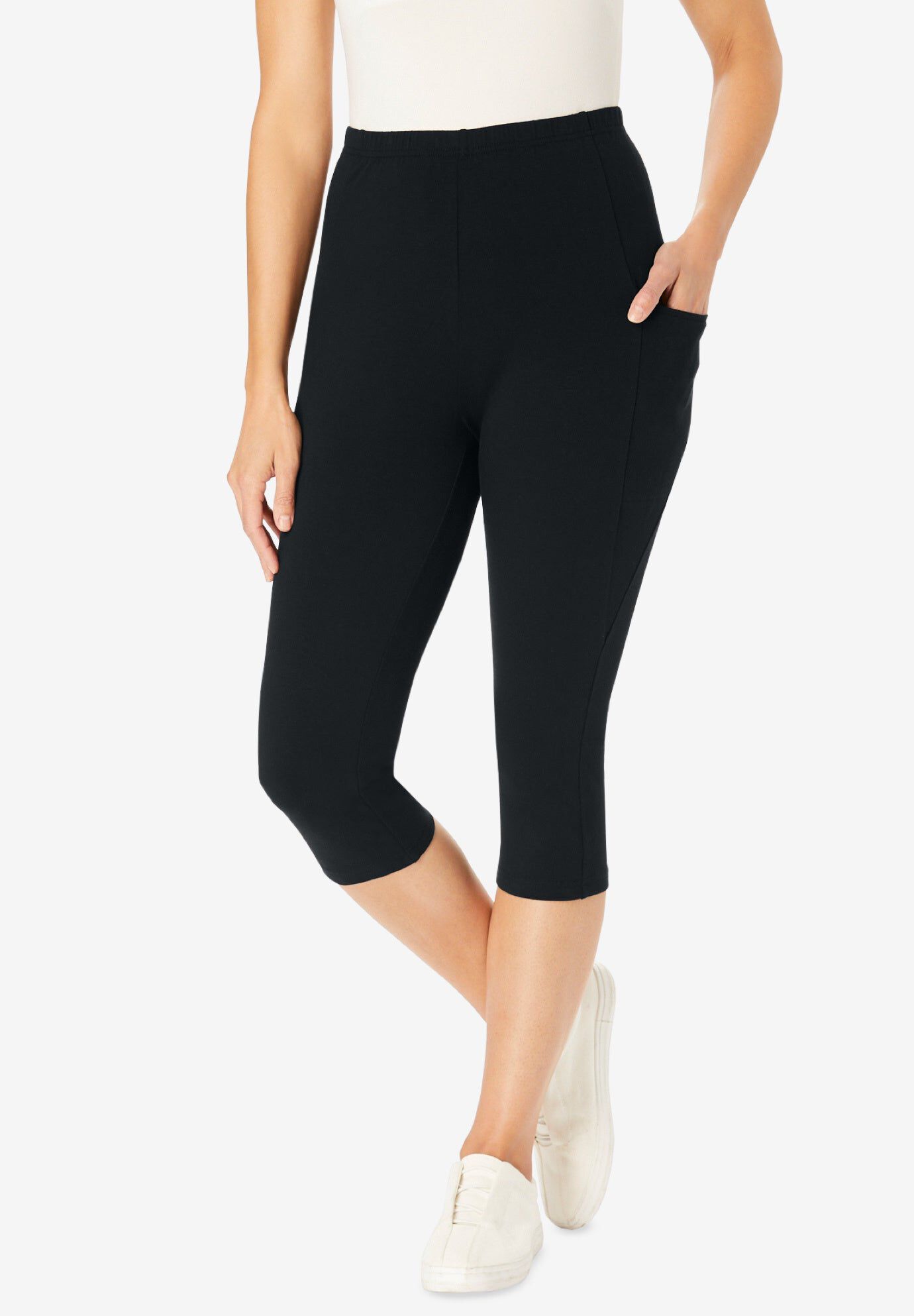 Stretch-Cotton Knit Pull-On Pocket Capri Leggings