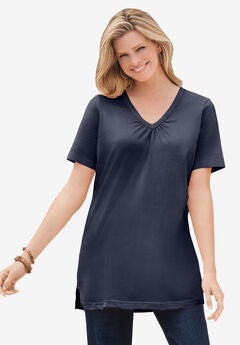 Perfect Short-Sleeve Shirred V-Neck Tunic