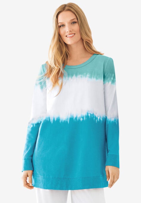 Tie-dyed knit sweatshirt tunic, PRETTY TURQUOISE IKAT TIE DYE, hi-res image number null