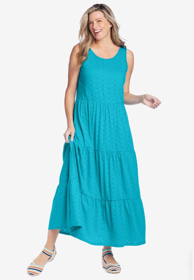 Tiered Eyelet Sleeveless Dress, , alternate image number 1