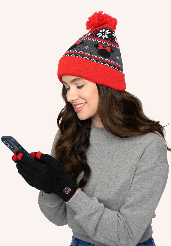 Disney Adult Minnie Mouse Knit Beanie Hat & Texting Gloves Red Gray 2-Pc Set, , alternate image number 4