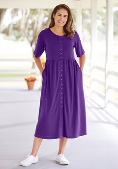 Button-Front Elbow-Sleeve Knit Dress