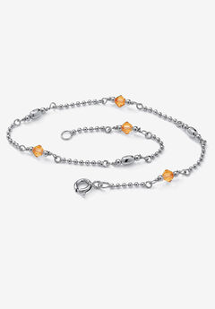 Platinum Plated Silver Ankle Bracelet (2Mm), Round Simulated Birthstone 11 Inches