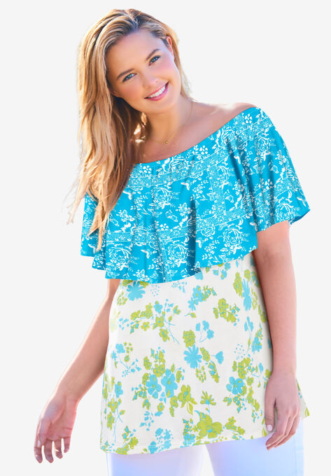 Off Shoulder Ruffle Tee, PRETTY TURQUOISE MIX PRINT, hi-res image number null