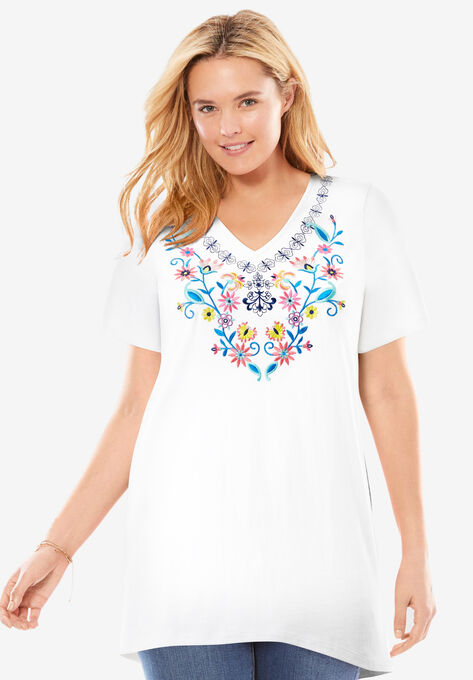 Embroidered V-Neck Tunic, WHITE FLORAL EMBROIDERY, hi-res image number null