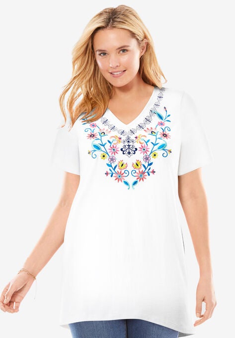 Embroidered V-Neck Tunic, WHITE FLORAL EMBROIDERY, hi-res image number null