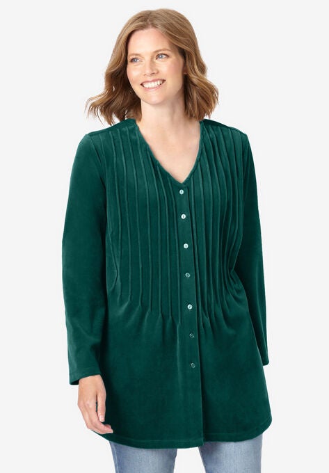 Knit velour tunic shirt in a comfortable A-line with pintucks, EMERALD GREEN, hi-res image number null