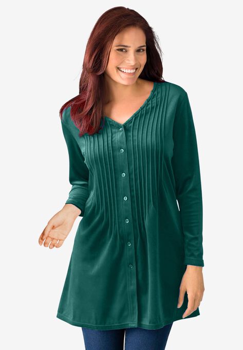 Knit velour tunic shirt in a comfortable A-line with pintucks, EMERALD GREEN, hi-res image number null