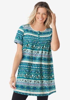Short-Sleeve Pintucked Henley Tunic