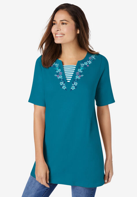 Embroidered Layered-Look Tunic, DEEP TEAL FLOWER EMBROIDERY, hi-res image number null