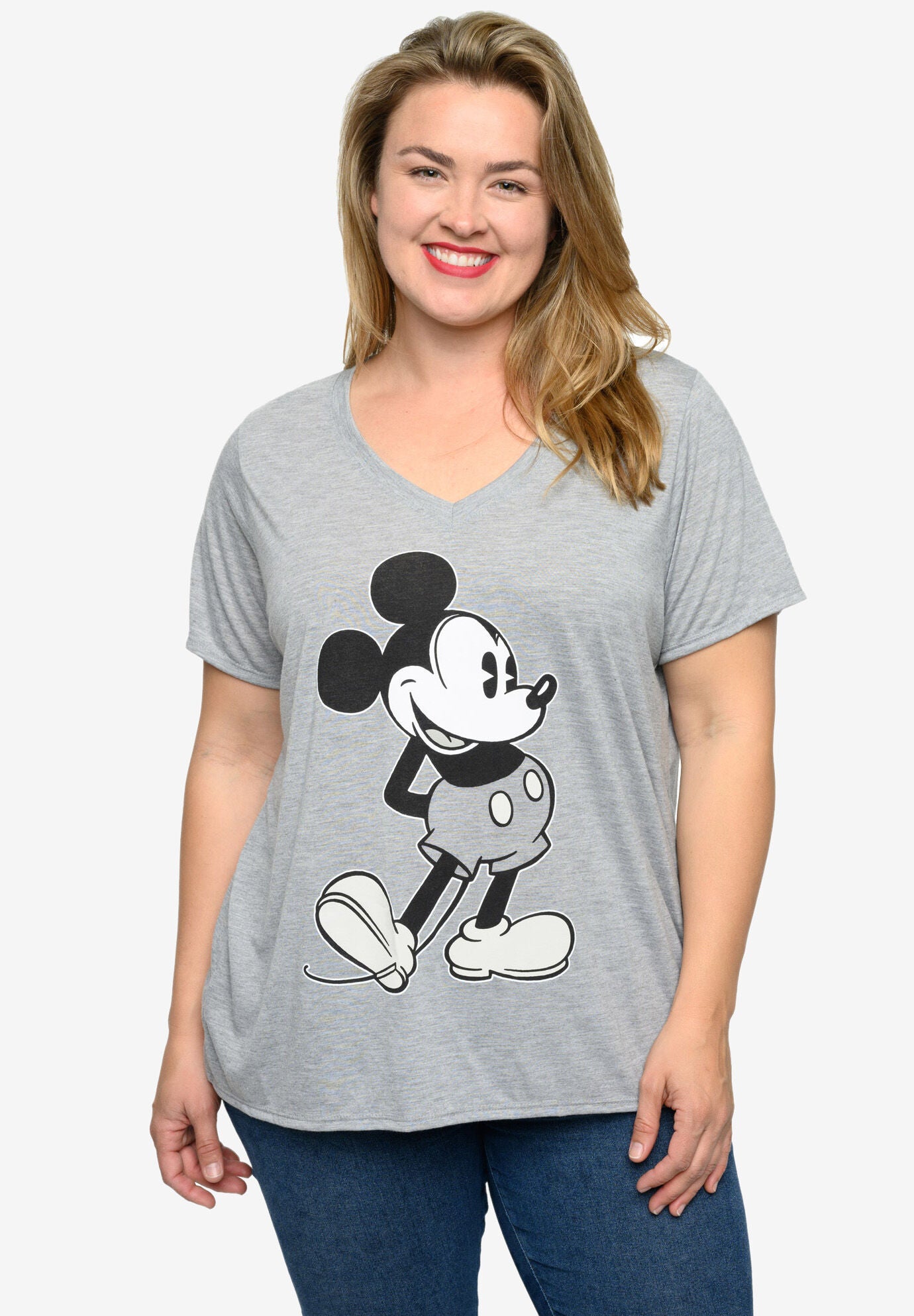 Retro Mickey Mouse V Neck T Shirt Gray Woman Within
