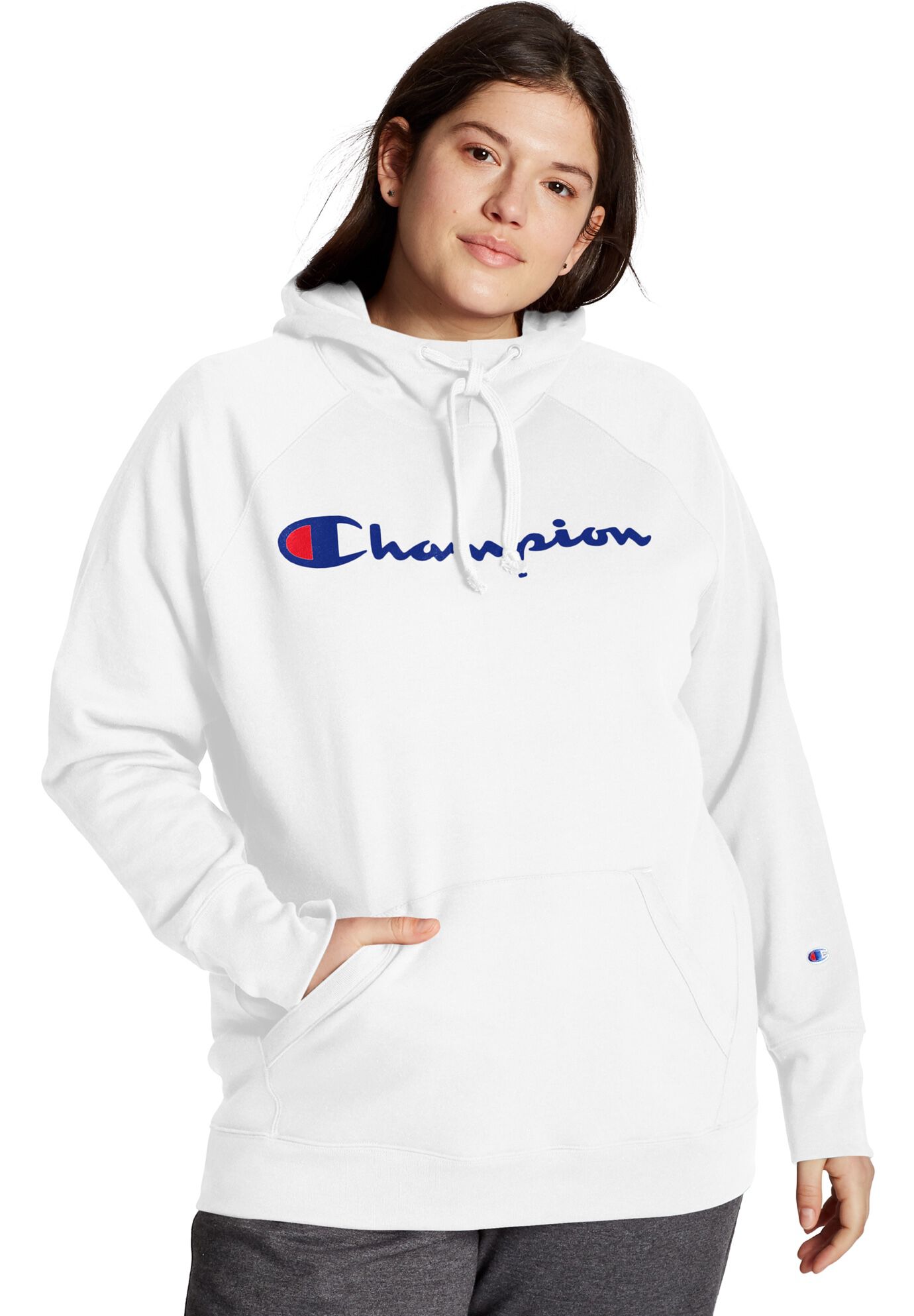 champion women's script logo powerblend fleece hoodie