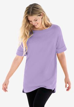Perfect Cuffed Elbow-Sleeve Boat-Neck Tee