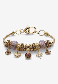 Goldtone Antiqued Birthstone Bracelet (13mm), Round Crystal 8 inch Adjustable