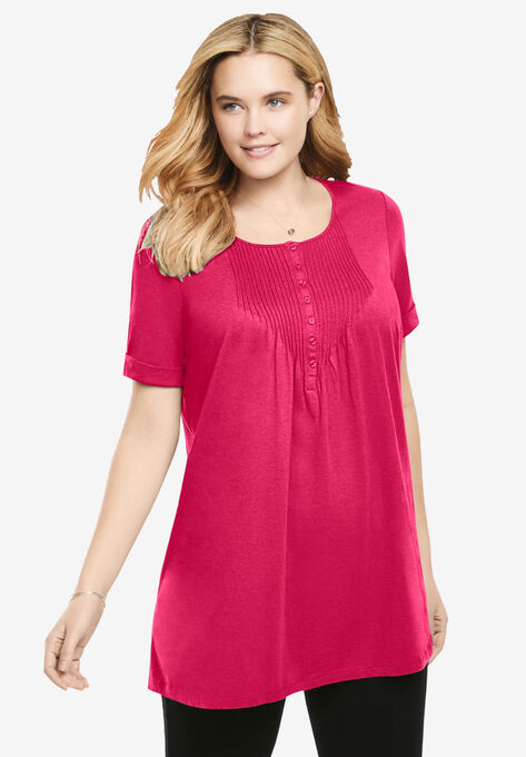 Short-Sleeve Pintucked Henley Tunic, BRIGHT CHERRY, hi-res image number null